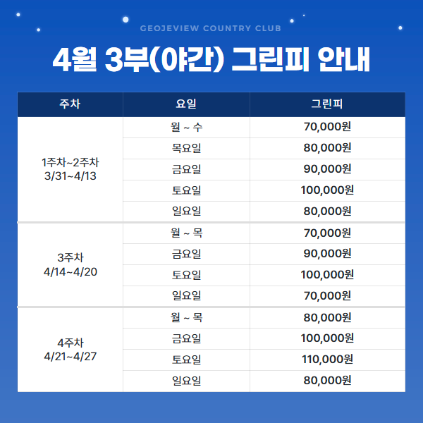 4월 1주차 3부(야간) 그린피 안내