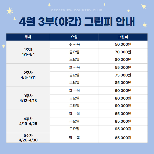 4월 3부(야간) 그린피 안내