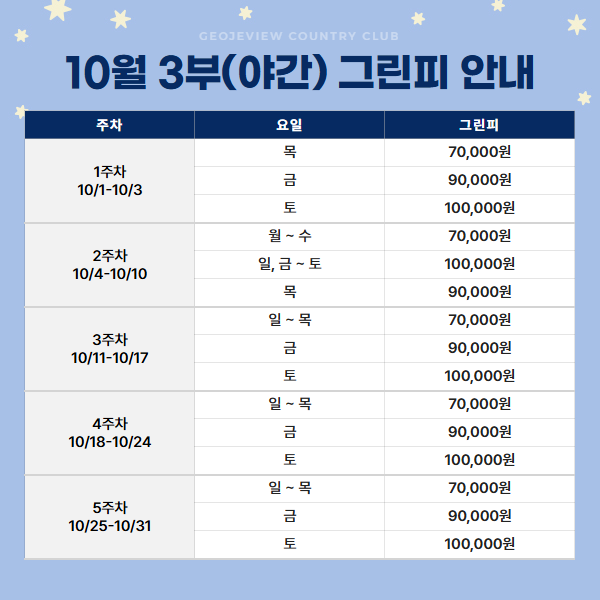 10월 3부(야간) 그린피 안내